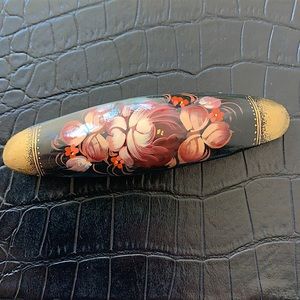 Hand Painted Floral and Gold Design Hair Barrette